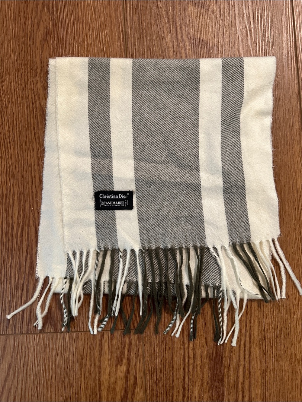 Christian Dior Cream and Gray Striped Wool-Blend Scarf